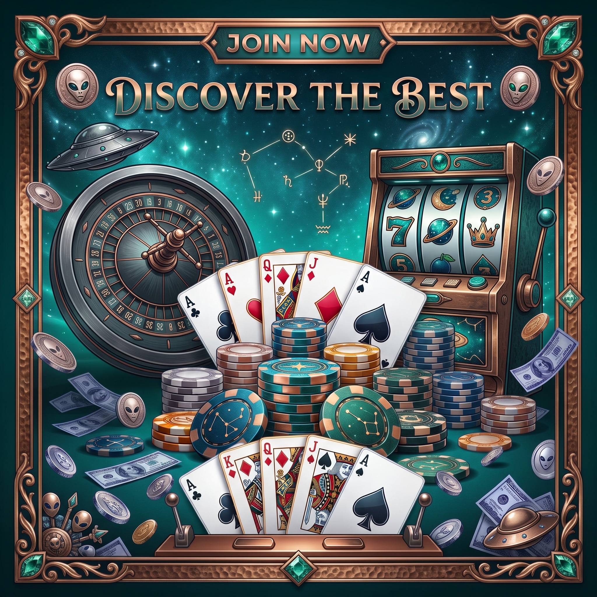 Illustrated cards, chips and a roulette wheel in an ornate frame against a star field.