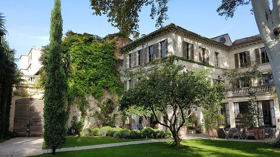 A walled garden with a lawn, a cypress tree and a pale stone house behind it.